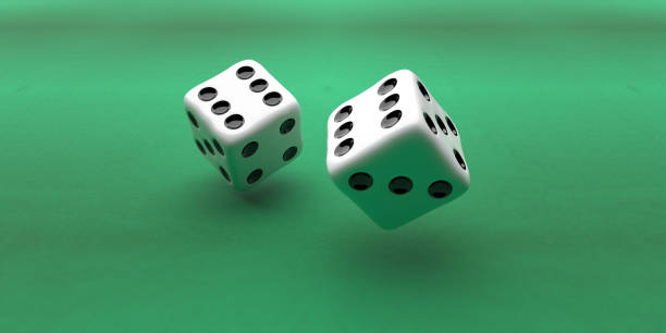 dice flying over green felt background, 3d illustration - rolling dice imagens e fotografias de stock
