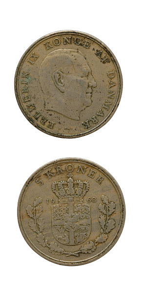 5 Kroner Coin in1960.  Isolated On White Background, Denmark