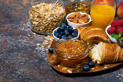 croissant, orange jam and fresh berries for breakfast, horizontal