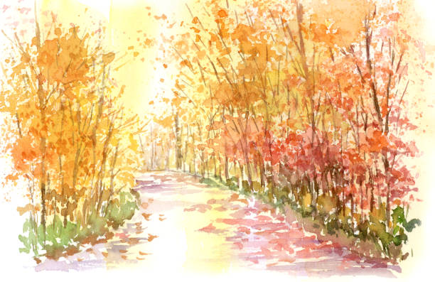 illustrations, cliparts, dessins animés et icônes de illustration d’aquarelle du paysage d’automne. - paintings watercolor painting landscape autumn