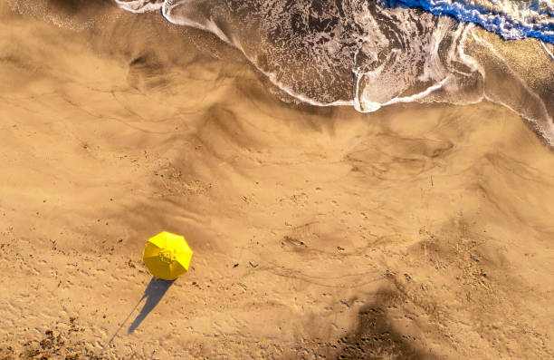 istock Beach umbrella on the beach. Social distancing concept. 1252841773