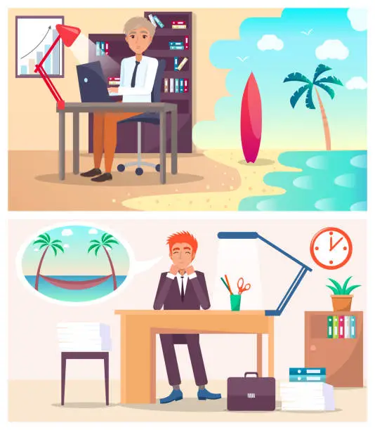 Vector illustration of Office Workers Dream about Vacation on Island
