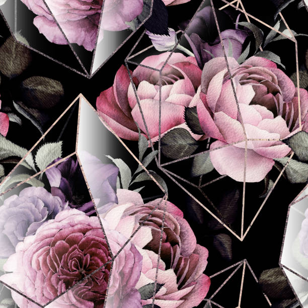 ilustrações de stock, clip art, desenhos animados e ícones de seamless floral pattern with flowers on dark background, watercolor. template design for textiles, interior, clothes, wallpaper. the geometry of the crystal. golden texture - bouquet rose peony rosé