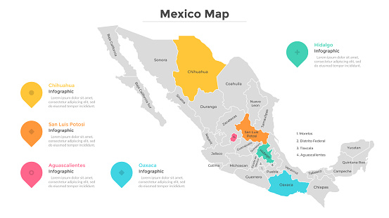 Mexico map divided into regions or states. Territory of country with regional borders, geographical division. Infographic design template. Flat vector illustration for brochure, touristic website.