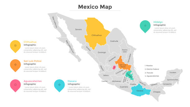 Mexico map vector Mexico map divided into regions or states. Territory of country with regional borders, geographical division. Infographic design template. Flat vector illustration for brochure, touristic website. mexico stock illustrations