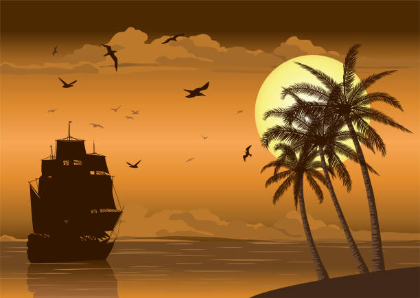 majestic sailing ship at sea - silhouette nautical vessel sea morning stock-grafiken, -clipart, -cartoons und -symbole
