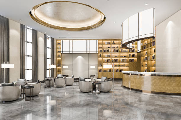 istock 3d rendering luxury hotel reception hall and office with decor shelf 1252849272
