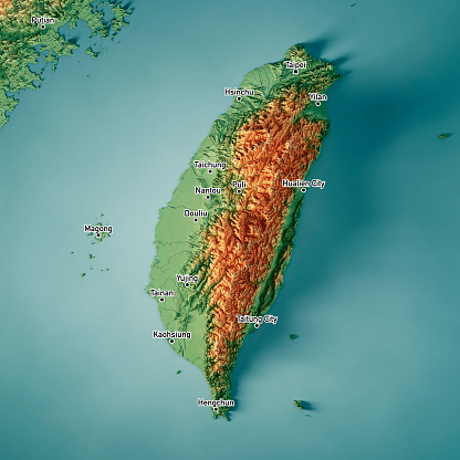 3D Render of a Topographic Map of Taiwan, Republic of China. Version with Cities.
All source data is in the public domain.
Color texture: Made with Natural Earth. 
http://www.naturalearthdata.com/downloads/10m-raster-data/10m-cross-blend-hypso/
Relief texture: NASADEM data courtesy of NASA JPL (2020). URL of source image: 
https://doi.org/10.5067/MEaSUREs/NASADEM/NASADEM_HGT.001
Water texture: SRTM Water Body SWDB:
https://dds.cr.usgs.gov/srtm/version2_1/SWBD/
