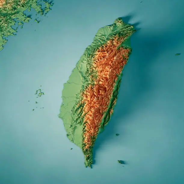 3D Render of a Topographic Map of Taiwan, Republic of China.
All source data is in the public domain.
Color texture: Made with Natural Earth. 
http://www.naturalearthdata.com/downloads/10m-raster-data/10m-cross-blend-hypso/
Relief texture: NASADEM data courtesy of NASA JPL (2020). URL of source image: 
https://doi.org/10.5067/MEaSUREs/NASADEM/NASADEM_HGT.001
Water texture: SRTM Water Body SWDB:
https://dds.cr.usgs.gov/srtm/version2_1/SWBD/