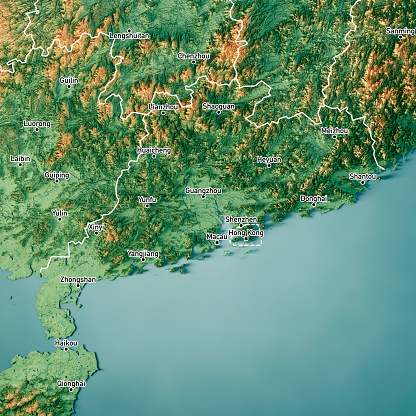 3D Render of a Topographic Map of the Guangdong Province in China. Version with Country Boundaries and Cities.\nAll source data is in the public domain.\nColor texture: Made with Natural Earth. \nhttp://www.naturalearthdata.com/downloads/10m-raster-data/10m-cross-blend-hypso/\nRelief texture: NASADEM data courtesy of NASA JPL (2020). URL of source image: \nhttps://doi.org/10.5067/MEaSUREs/NASADEM/NASADEM_HGT.001\nWater texture: SRTM Water Body SWDB:\nhttps://dds.cr.usgs.gov/srtm/version2_1/SWBD/