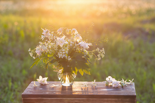 bouquet of summer flowers in glass vase in sunlight outdoor