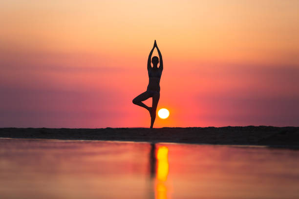 istock Vrikshasana tree pose from yoga by woman silhouette on sunset 1252851841