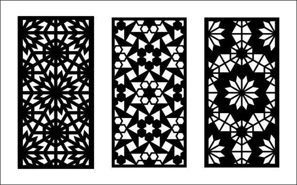 Vector illustration of Morocco laser cut pattern. Set of decorative vector panels,screens for laser cutting. Template for interior partition in morocco style. Ratio 1 2
