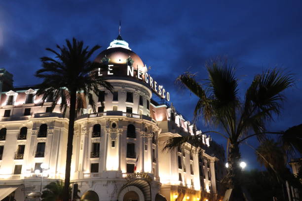 The Negresco in Nice at night, famous hotel on the French Riviera, city of Nice, Alpes Maritimes Department, France