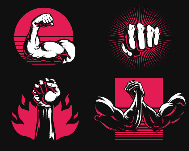Silhouette fitness gym bodybuilding arm hand icon logo mixed martial art mma vector illustration isolated A set of silhouette contour of muscular arm biceps flexing, arms wrestling, punch and raised fist isolated arm wrestling stock illustrations