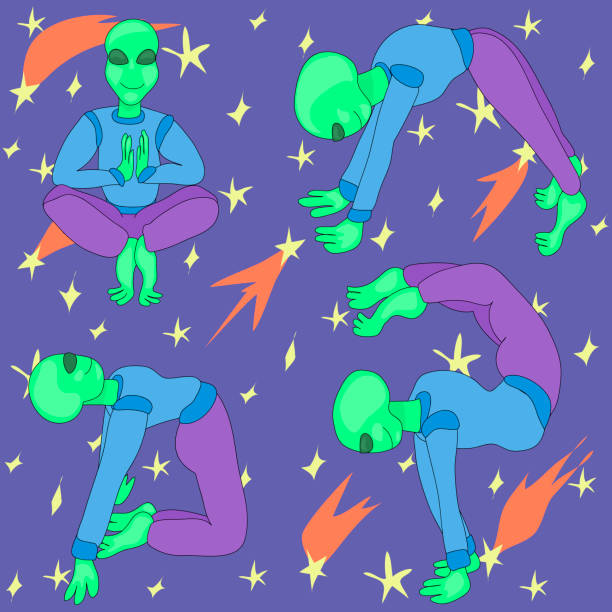 ilustrações, clipart, desenhos animados e ícones de ufo. o alienígena faz yoga. fundo espacial. conjunto de poses de personagem fantástico - yoga lotus zen like buddhism