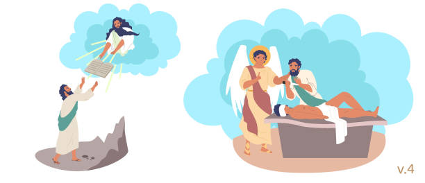 Bible Stories characters, vector flat isolated illustration Moses, Abraham and Isaac Bible Stories characters, vector flat illustration. God giving Moses 10 Commandments on top of mount Sinai. Abraham going to kill his son to sacrifice him to God. father abraham stock illustrations
