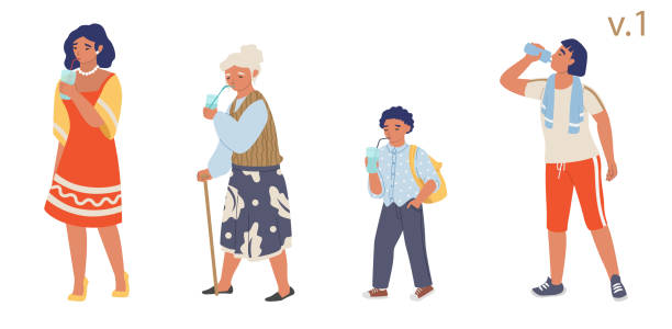 People drinking water, vector flat isolated illustration People of different ages drinking water, vector flat isolated illustration. Young man and woman, schoolboy, grandmother drinking pure fresh water from plastic bottle and glasses with straws. drinking water illustrations stock illustrations