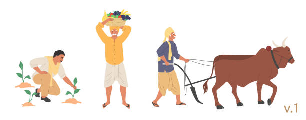 ilustrações, clipart, desenhos animados e ícones de conjunto de caráter agricultor indiano, vetor flat ilustração isolada - oxen yoke