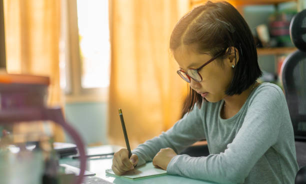 istock Chinese young girl writing homework at home 1252861874