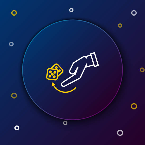 ilustrações de stock, clip art, desenhos animados e ícones de white and yellow line human hand throwing game dice icon isolated on dark blue background. colorful outline concept. vector illustration - people gambling line art casino