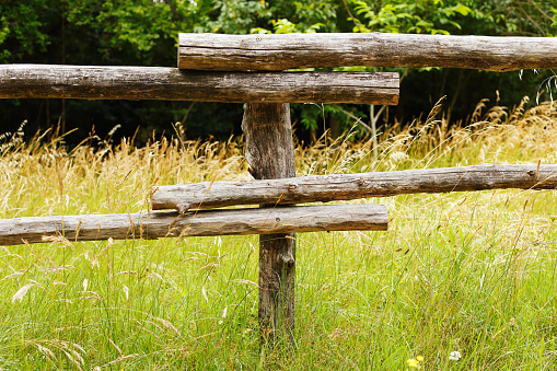 Wooden fence on the meadow close up photography, Rural scene.