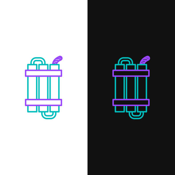 zielona i fioletowa linia detonate dynamit bomba kij i ikona zegara izolowane na białym i czarnym tle. bomba zegarowa - koncepcja zagrożenia wybuchem. ilustracja wektorowa - bomb time bomb time clock stock illustrations