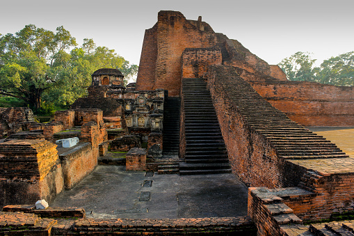 A beautiful view of the Ancient Nalanda Buddhist University ruins built using lime ash bricks,eggs and natural soil near Bodhgaya is a UNESCO maintained landmark in Bihar state of India.