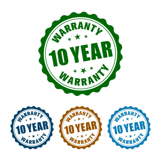 istock Powerful/Reliable 10 year warranty stamp with four color combination, 100% vector illustration. 1252870974