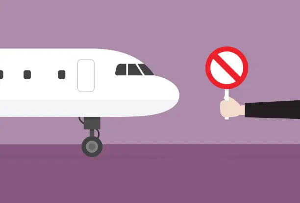 Vector illustration of Officers show prohibition signs to an airplane