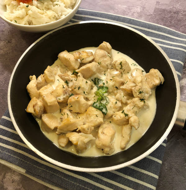 istock Creamy chicken pan. Chicken breast strips in cream sauce. 1252881012