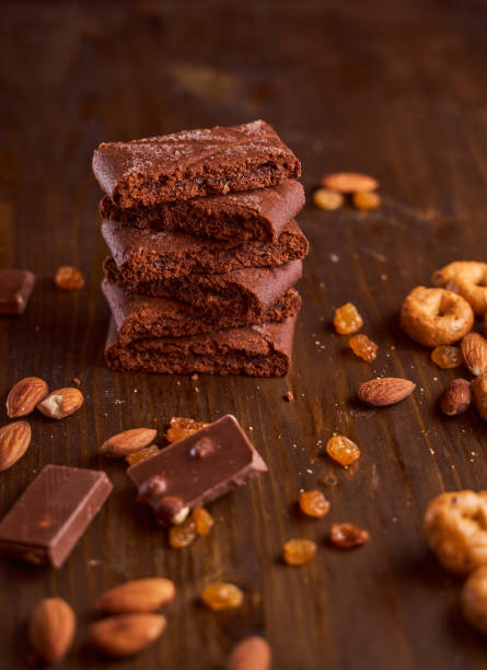 istock Chocolate cakes stacked on a wooden table 1252882389