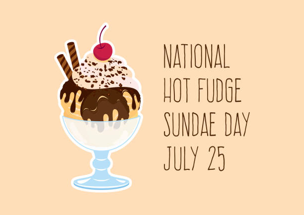 National Hot Fudge Sundae Day vector Chocolate sundae with whipped cream and cherry vector. Hot Fudge Sundae icon vector. Decorated ice cream cup icon vector. Hot Fudge Sundae Day Poster, July 25 fudge stock illustrations