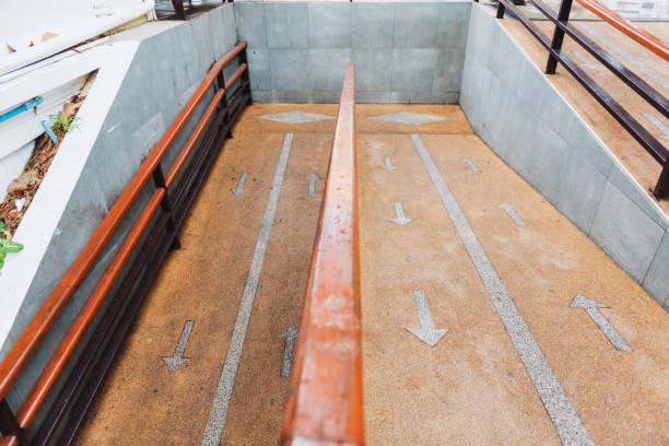 istock Walkway in building with dividing line and arrow sigh 1252890090