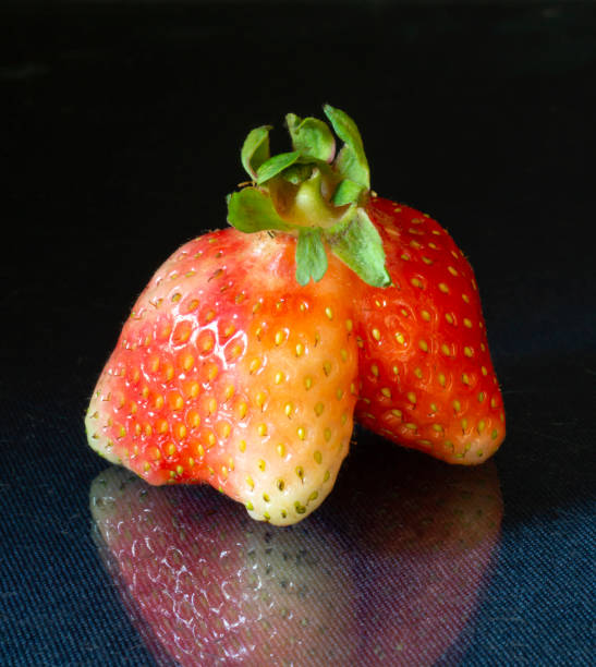 istock Ripe strawberries with reflection on black background. 1252890305