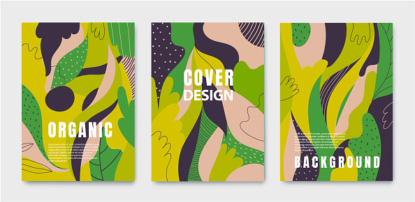 Set of absract posters, organic green covers with liquid shapes, leaves and geometric elements. Use for prints, flyers, banners, design. Eco concepts.