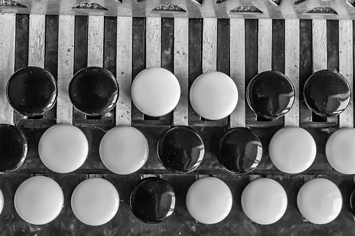 Russian musical instrument. Black and white buttons on the button accordion. Chromatic hand harmonica. Folk instrument. Black and white stripes of life. Buttons close-up. Music Creation.