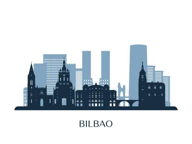 ilustraciones, imágenes clip art, dibujos animados e iconos de stock de skyline de bilbao, silueta monocroma. ilustración vectorial. - ilustraciones de bilbao