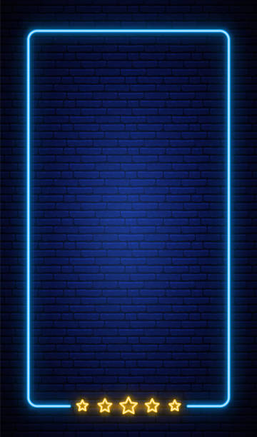 neon pionowy rama banner na ścianie z cegły. realistyczna neonowa ramka z pięcioma gwiazdkami. ocena w gwiazdkach. szablon projektu neonu wektorowego. - metallic wall brick glowing stock illustrations