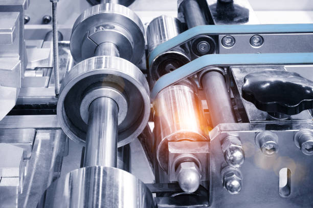 istock Crossing of the roller conveyor, Production line conveyor roller transportation objects. 1252896320