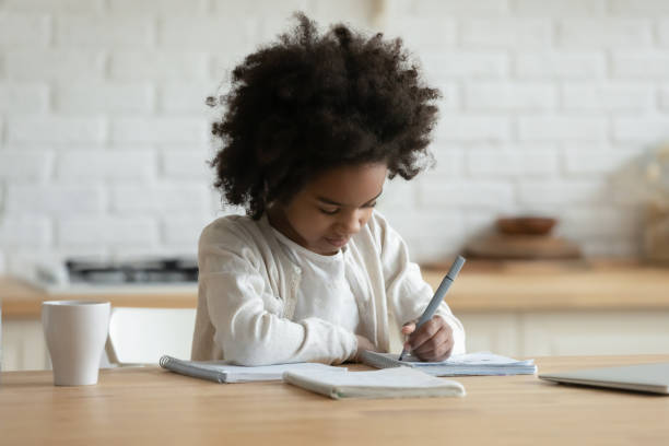 宿題をしているアフリカの女の子は自宅で学校の科目を学びます - notebook workbook homework book ストックフォトと画像