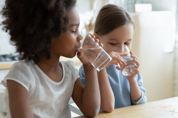 Two multiracial girls sit in kitchen feels thirsty drink water Two multi racial little girls sit at table in kitchen feels thirsty drink clean still natural or mineral water close up image. Healthy life habit of kids, health benefit dehydration prevention concept glass of water stock pictures, royalty-free photos & images