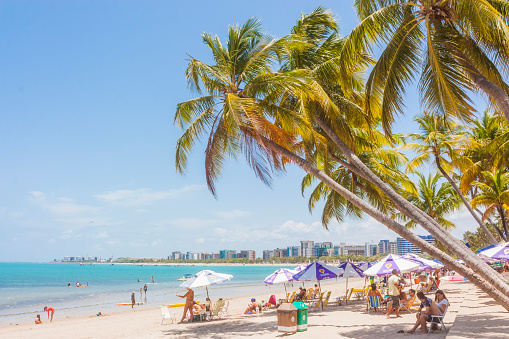 27 February, 2020 - Maceió, Alagoas, Brazil: A group of few locals and internationals tourists enjoying a beautiful idyllic turquoise beach in a landscape with tropical tree in front of Atlantic ocean in Maceio, Brazil in a sunny summer day.