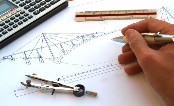 bosquejo puente - drawing compass blueprint architecture plan fotografías e imágenes de stock