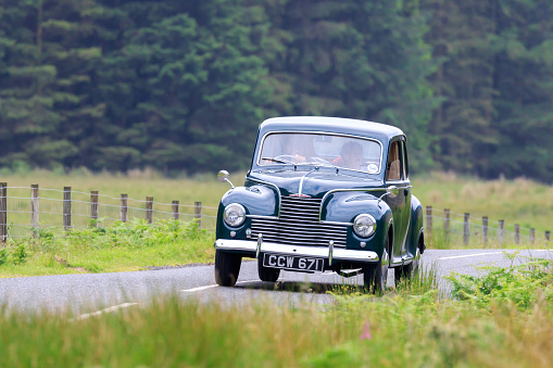 Moffat, Scotland - June 29, 2019: 1950 Jowett Javelin saloon  car in a classic car rally en route towards St Marys Loch, Dumfries and Galloway