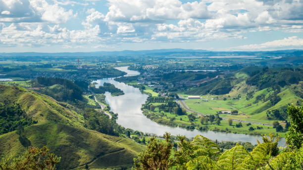 Panoramic view on river valley with lush green and river flowing through shot during sunny day with blue sky and some clouds. On the picture is Waikato, longest river in New Zealand. waikato region stock pictures, royalty-free photos & images