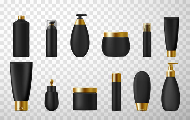 istock Cosmetic, perfumes packaging black luxury design realistic set. Bottles, tubes, flacons mockups. 1252903180