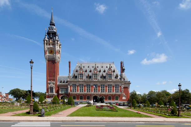 Calais, France - June 22 2020: The town hall is a building designed by the architect Louis Debrouwer, built from 1911 to 1923. Its belfry was listed as a UNESCO World Heritage Site in 2005.