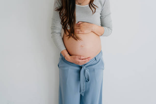 A new life Portrait of a pregnant woman and her growing belly isolated on a white background. human abdomen stock pictures, royalty-free photos & images