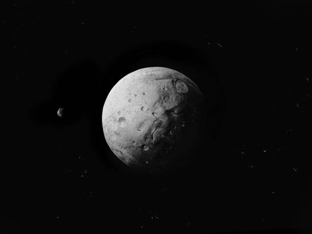 istock Planet with craters and satellite on black background with stars. 1252906947
